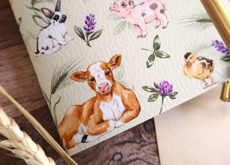 Carnet de notes A6 bébés animaux de la ferme, 60 pages vierges, papier recyclé ivoire, couverture aquarelle