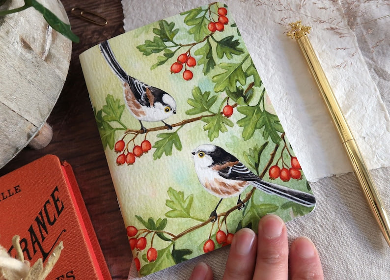 Carnet de notes A6 - Mésange à longue queue - Papier recyclé, couverture épaisse, 60 pages