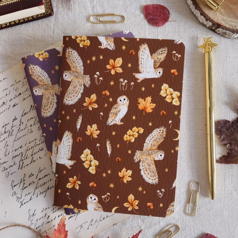 Carnet de notes A6 - Chouettes effraies en automne - 3 coloris
