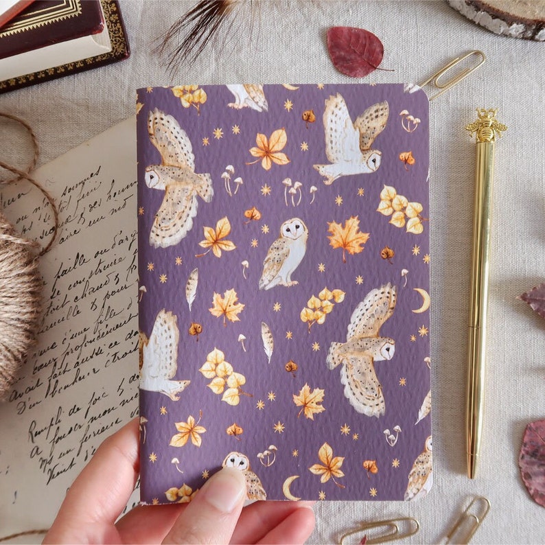 Carnet de notes A6 - Chouettes effraies en automne - 3 coloris