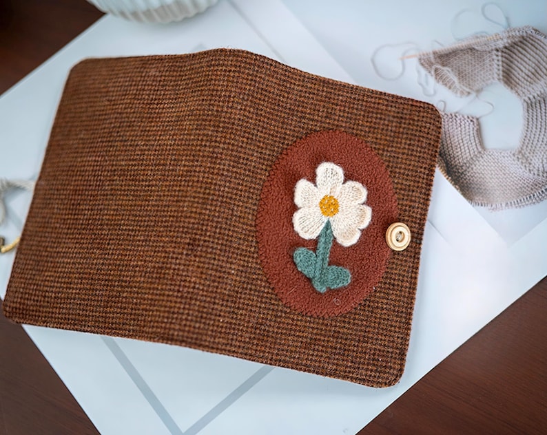 Cahier à carreaux en laine vintage A5 A6, journal fleurs tricotées main, couverture rigide en tissu