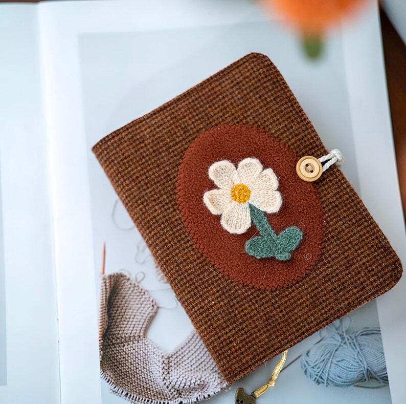 Cahier à carreaux en laine vintage A5 A6, journal fleurs tricotées main, couverture rigide en tissu