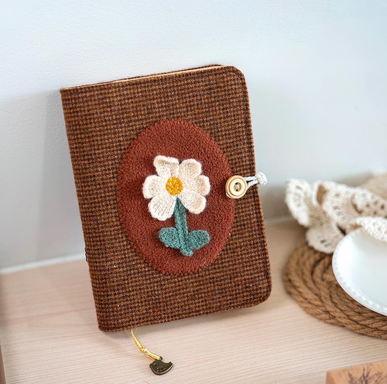 Cahier à carreaux en laine vintage A5 A6, journal fleurs tricotées main, couverture rigide en tissu