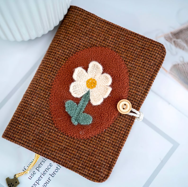 Cahier à carreaux en laine vintage A5 A6, journal fleurs tricotées main, couverture rigide en tissu