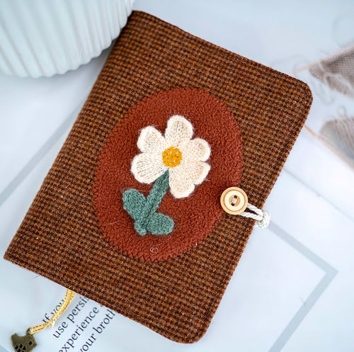 Cahier à carreaux en laine vintage A5 A6, journal fleurs tricotées main, couverture rigide en tissu