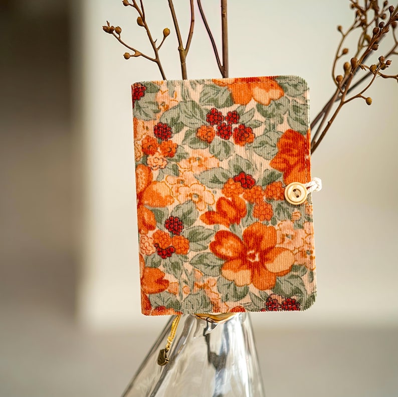 Carnet notes A5 A6 floral velours côtelé fait main, pages lignées quadrillées blanches kraft