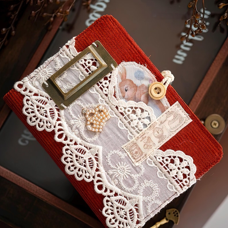 Journal brodé lapin en dentelle : carnet de notes en tissu A5 A6
