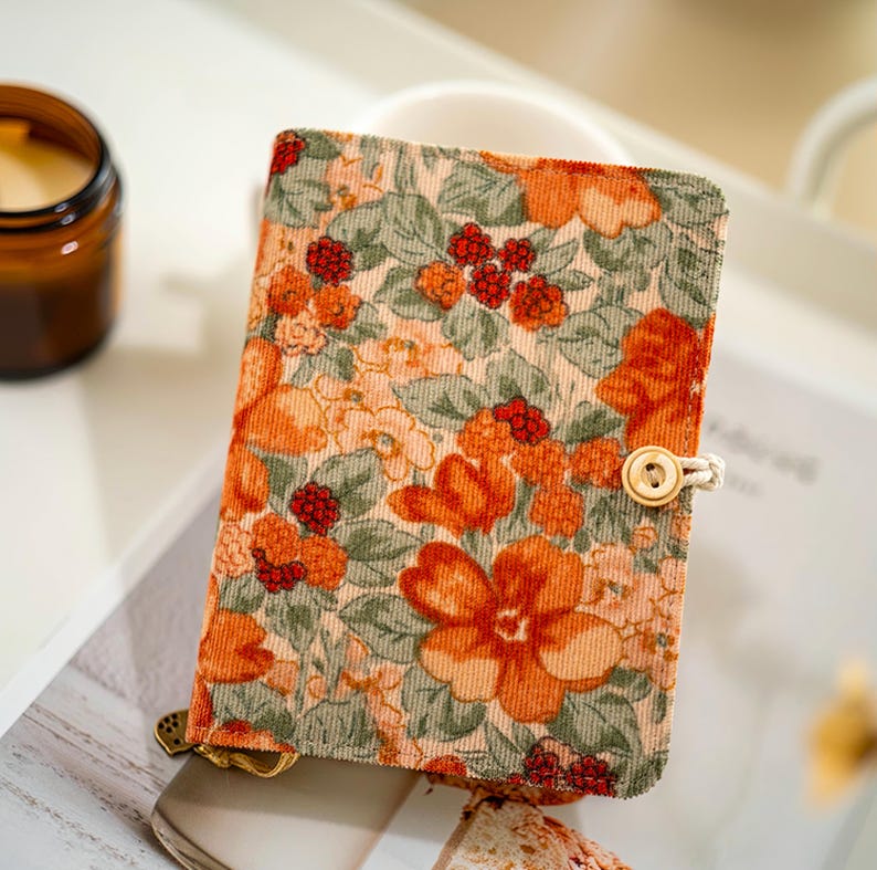 Carnet notes A5 A6 floral velours côtelé fait main, pages lignées quadrillées blanches kraft