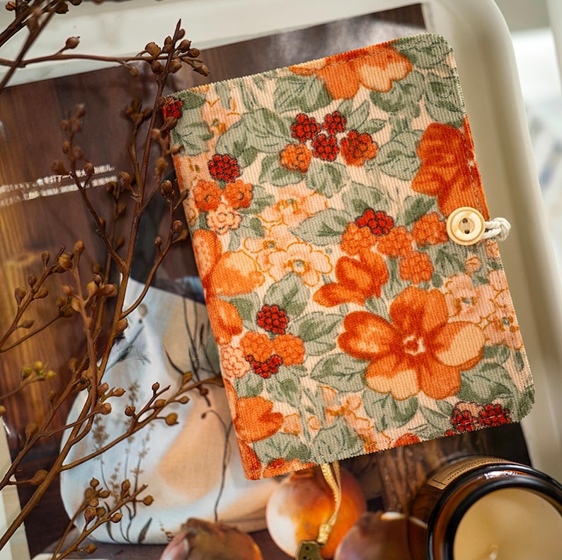 Carnet notes A5 A6 floral velours côtelé fait main, pages lignées quadrillées blanches kraft