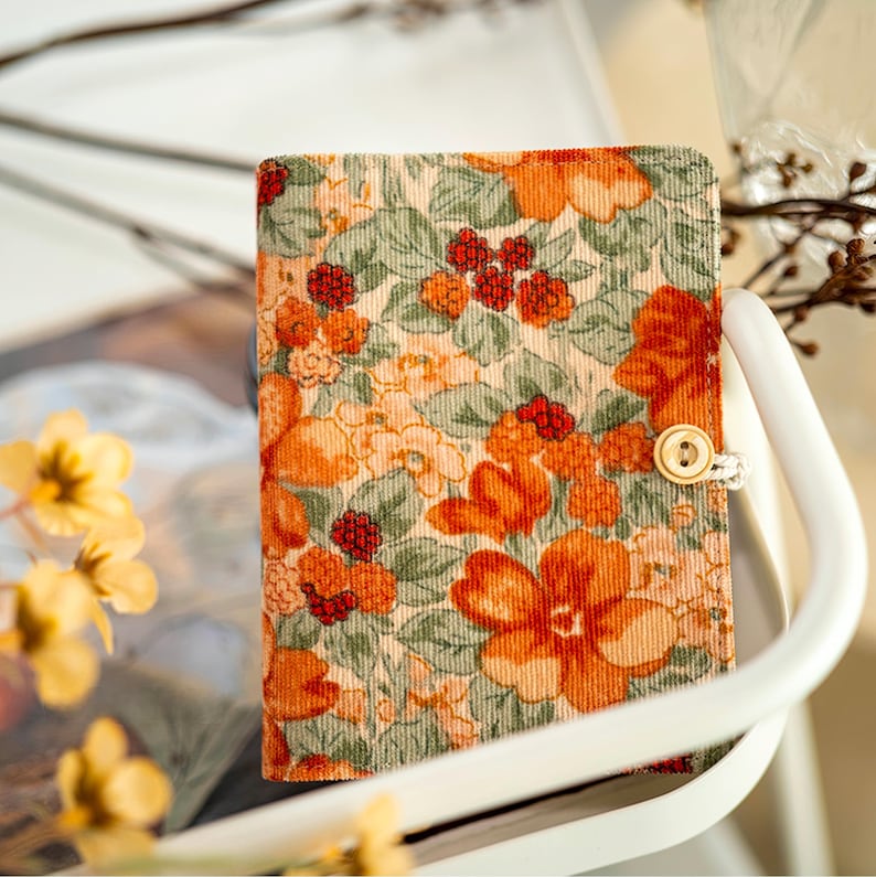 Carnet notes A5 A6 floral velours côtelé fait main, pages lignées quadrillées blanches kraft