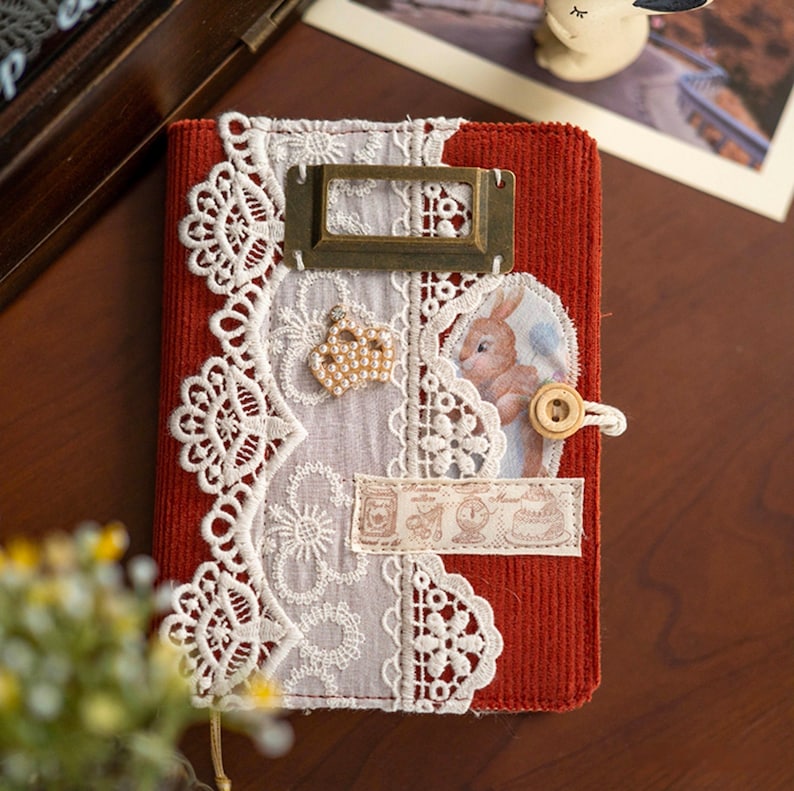 Journal brodé lapin en dentelle : carnet de notes en tissu A5 A6