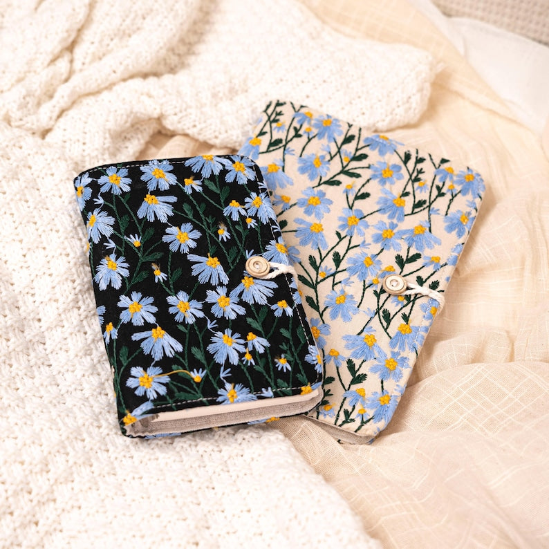 Carnet de Voyage A5/A6 avec Couverture en Tissu Brodé Marguerite, Bloc-notes Portable 180 Pages