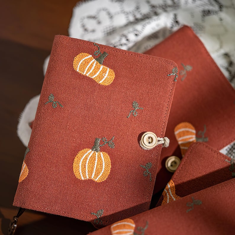 Cahier brodé citrouille A5 A6, bloc-notes en tissu avec pages mobiles ou reliées