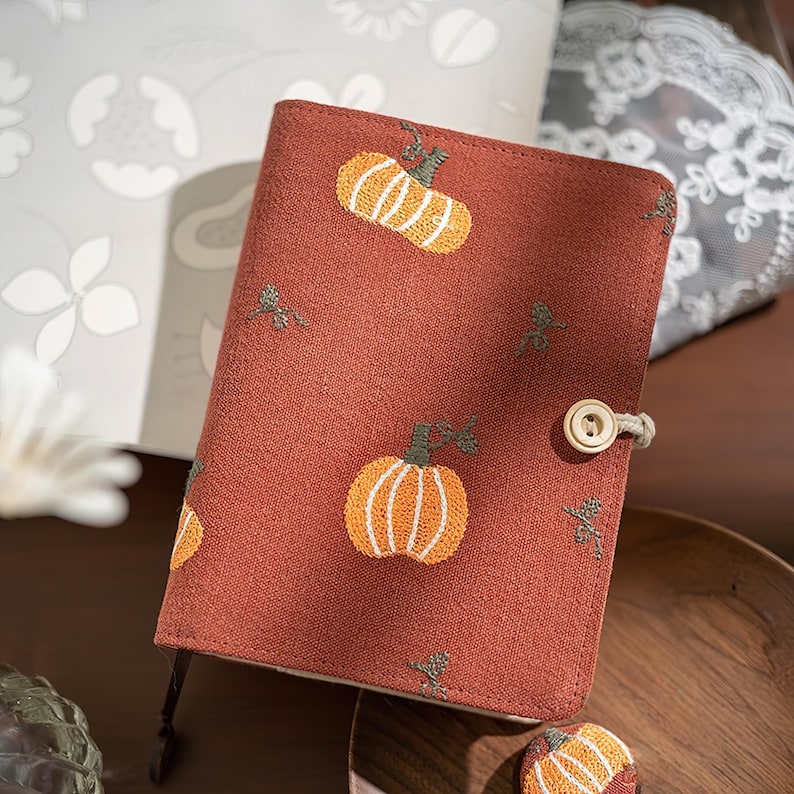 Cahier brodé citrouille A5 A6, bloc-notes en tissu avec pages mobiles ou reliées