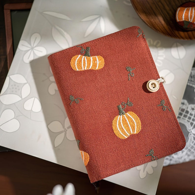 Cahier brodé citrouille A5 A6, bloc-notes en tissu avec pages mobiles ou reliées