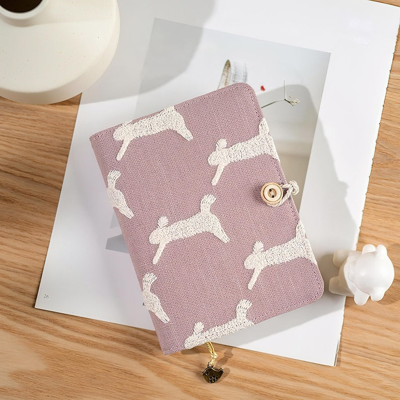 Carnet brodé main en coton et lin A5 A6 avec lapin, intercalaires rechargeables, classeur économique
