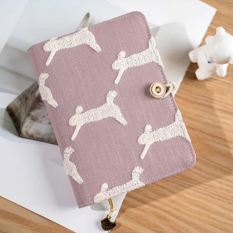 Carnet brodé main en coton et lin A5 A6 avec lapin, intercalaires rechargeables, classeur économique