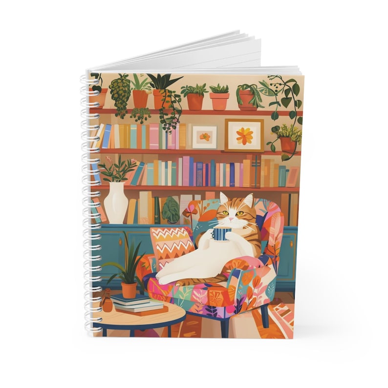 Cahier à spirale chat orange confortable avec coin lecture, 128 pages lignées, 90g