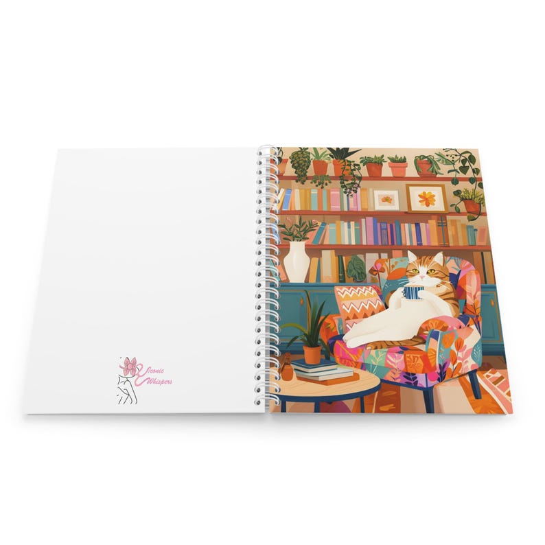 Cahier à spirale chat orange confortable avec coin lecture, 128 pages lignées, 90g