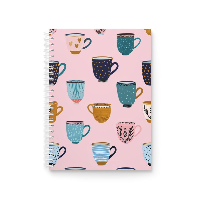 Cahier à spirale motif tasse à café rose, 128 pages lignées 90g, carnet de notes quotidien