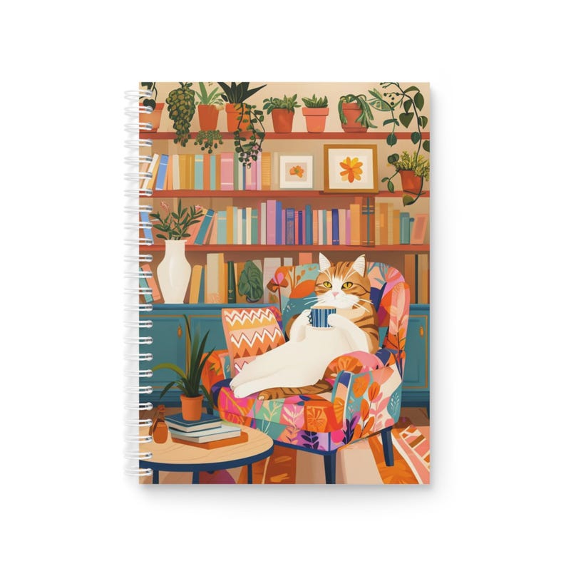 Cahier à spirale chat orange confortable avec coin lecture, 128 pages lignées, 90g