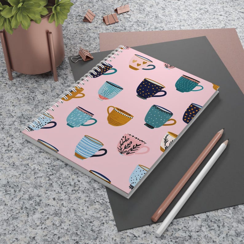 Cahier à spirale motif tasse à café rose, 128 pages lignées 90g, carnet de notes quotidien