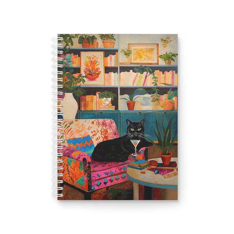 Chat noir Salon Confortable Cahier à spirale Art Plantes Intérieur Colorées