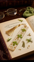 Marque-page trèfle 4 feuilles résine, 3 trèfles, feuille d'or, paillettes argentées, gland coton, choix couleur