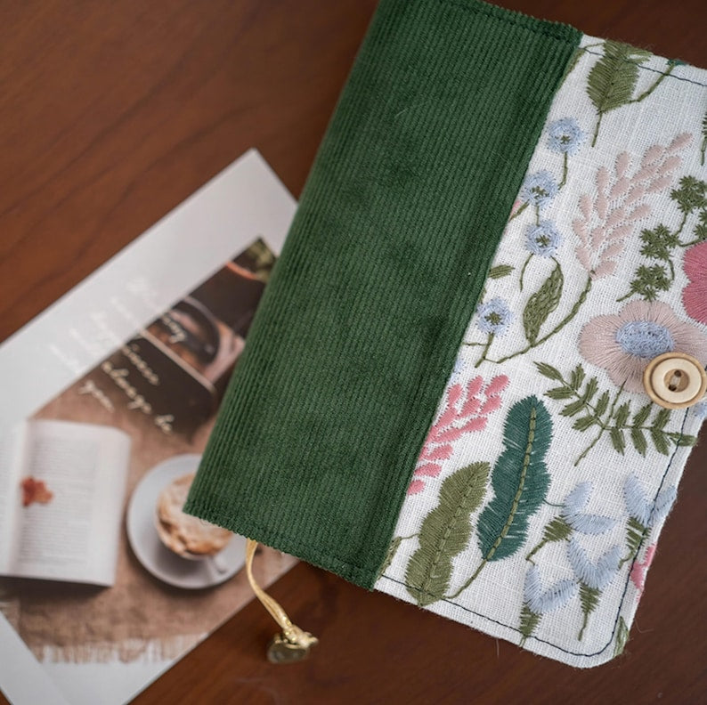 Carnet floral brodé en velours côtelé vert, rechargeable A5 A6, couverture botanique vintage, tissu texturé
