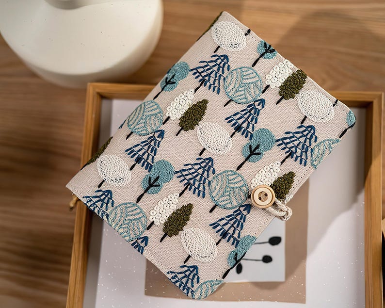 Carnet brodé arbres A5 A6, couverture lin, feuilles mobiles, journal nature