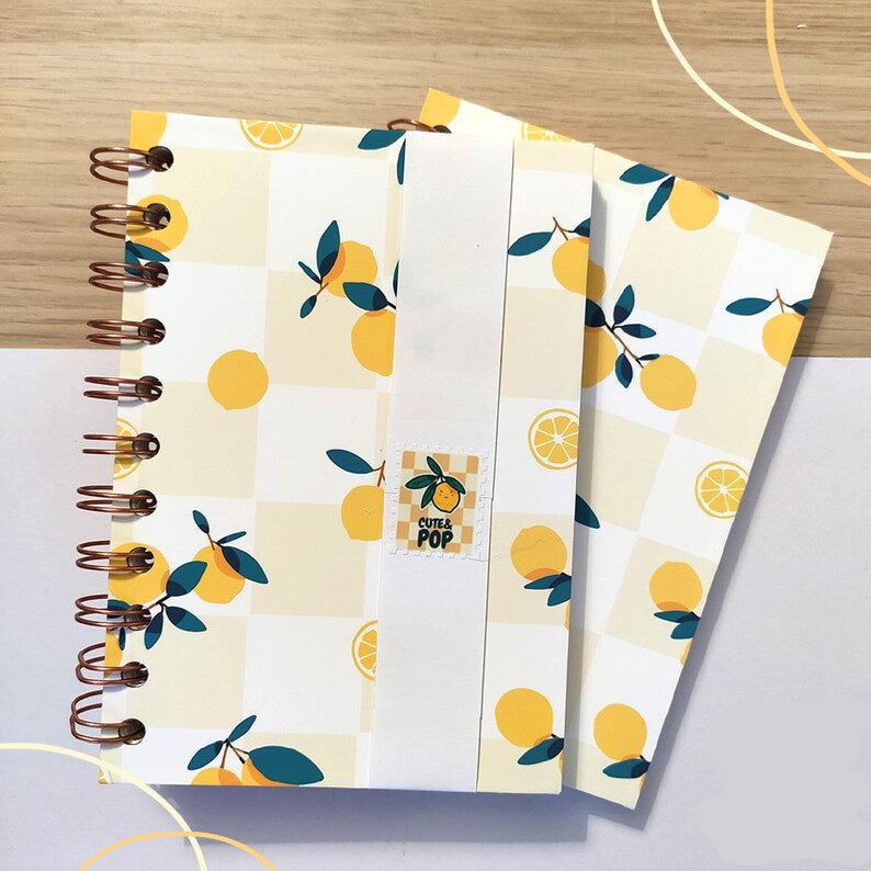 Carnet de notes A6 à spirales, papier quadrillé à pois, 160 pages, 100 g, citron été