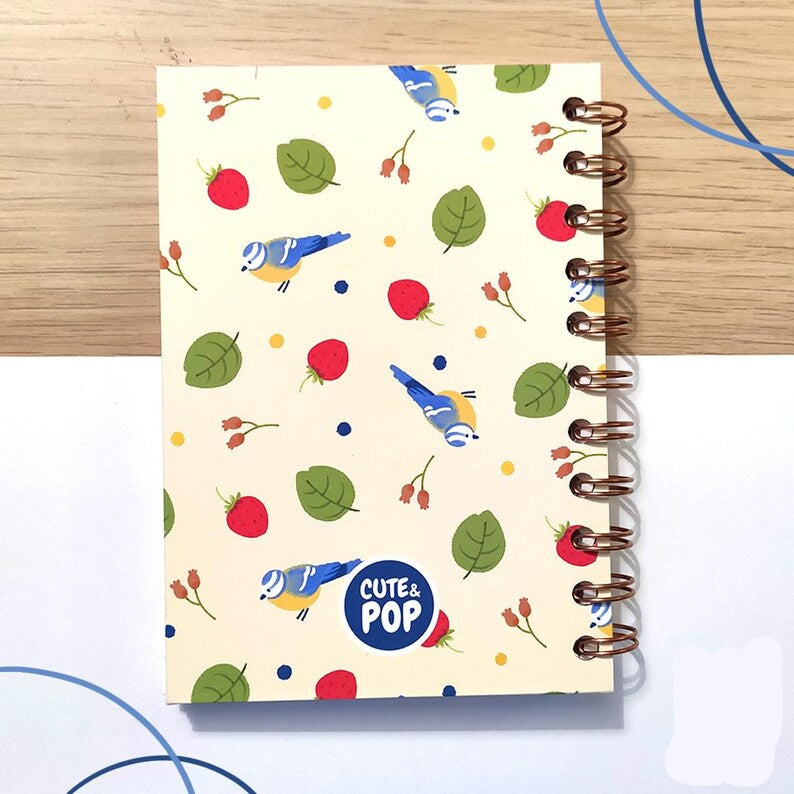 Carnet de notes A6 à spirales, papier quadrillé à pois, 160 pages, couverture douce, motif petit oiseau