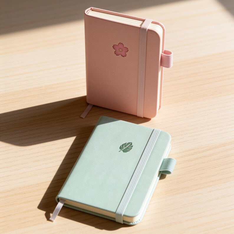 Carnet A7 Couverture Rigide Cuir PU Rose Poudré Menthe avec Élastique