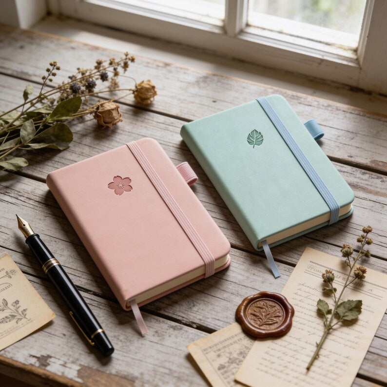 Carnet A7 Couverture Rigide Cuir PU Rose Poudré Menthe avec Élastique