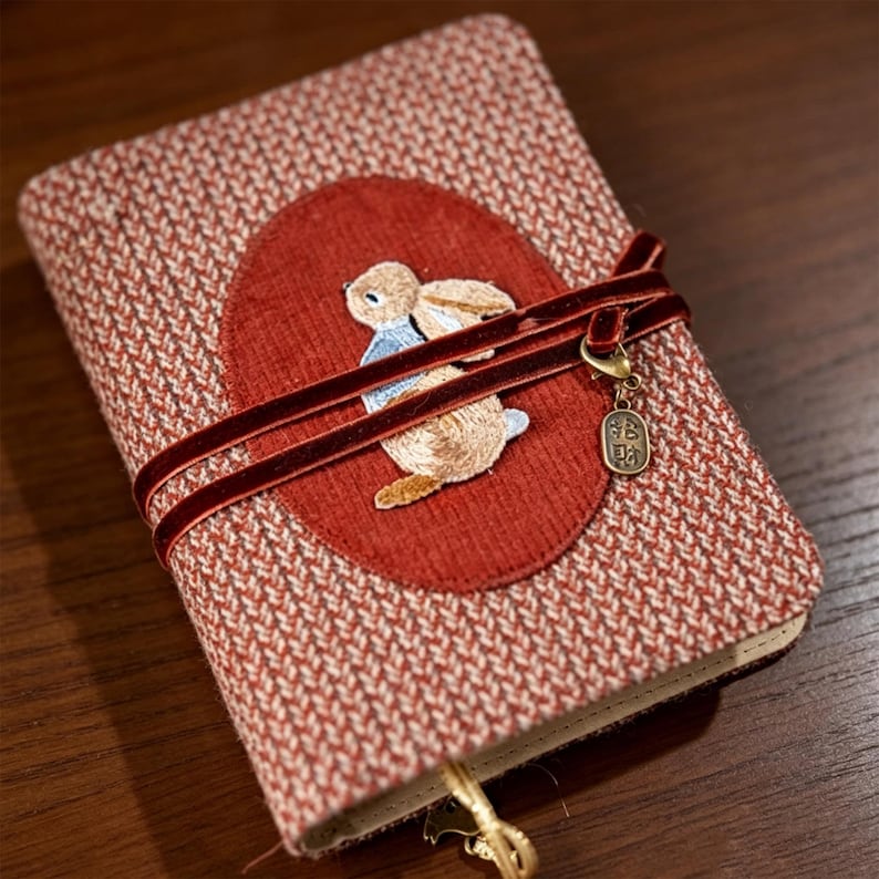 Carnet de notes rechargeable A6 en velours côtelé et tweed, motif lapin brodé, fermeture par lien en velours