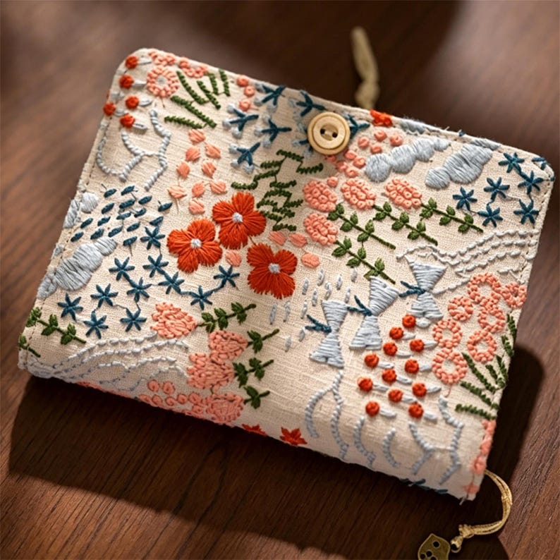 A6 Lin Coton Brodé Carnet Rechargeable, Couverture Tissu Floral, Feuilles Mobiles 90 Feuilles