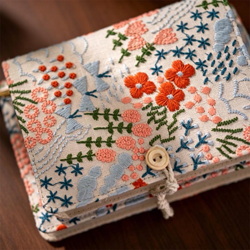 A6 Lin Coton Brodé Carnet Rechargeable, Couverture Tissu Floral, Feuilles Mobiles 90 Feuilles