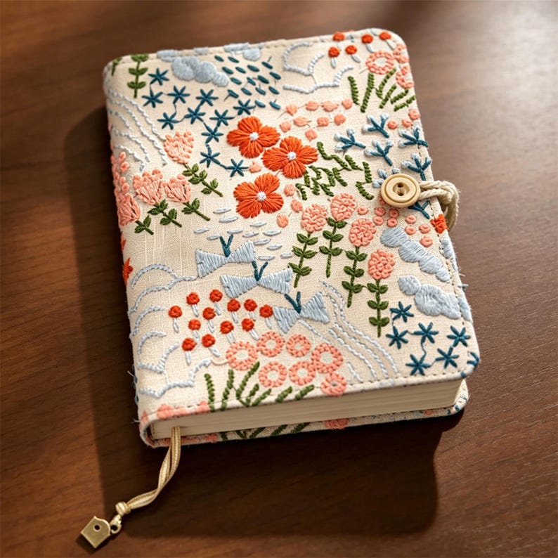 A6 Lin Coton Brodé Carnet Rechargeable, Couverture Tissu Floral, Feuilles Mobiles 90 Feuilles