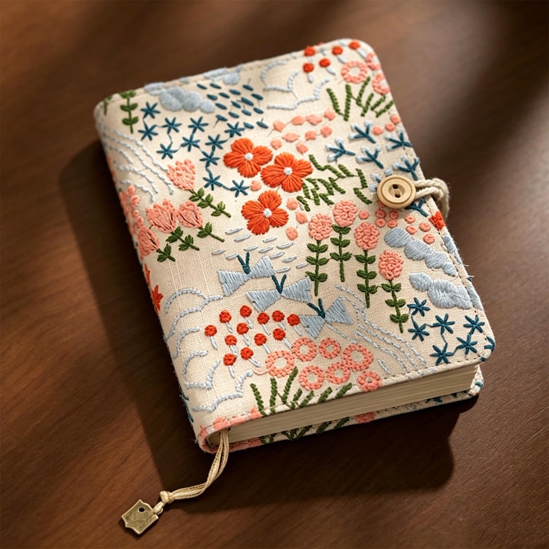 A6 Lin Coton Brodé Carnet Rechargeable, Couverture Tissu Floral, Feuilles Mobiles 90 Feuilles