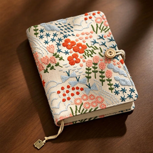 A6 Lin Coton Brodé Carnet Rechargeable, Couverture Tissu Floral, Feuilles Mobiles 90 Feuilles