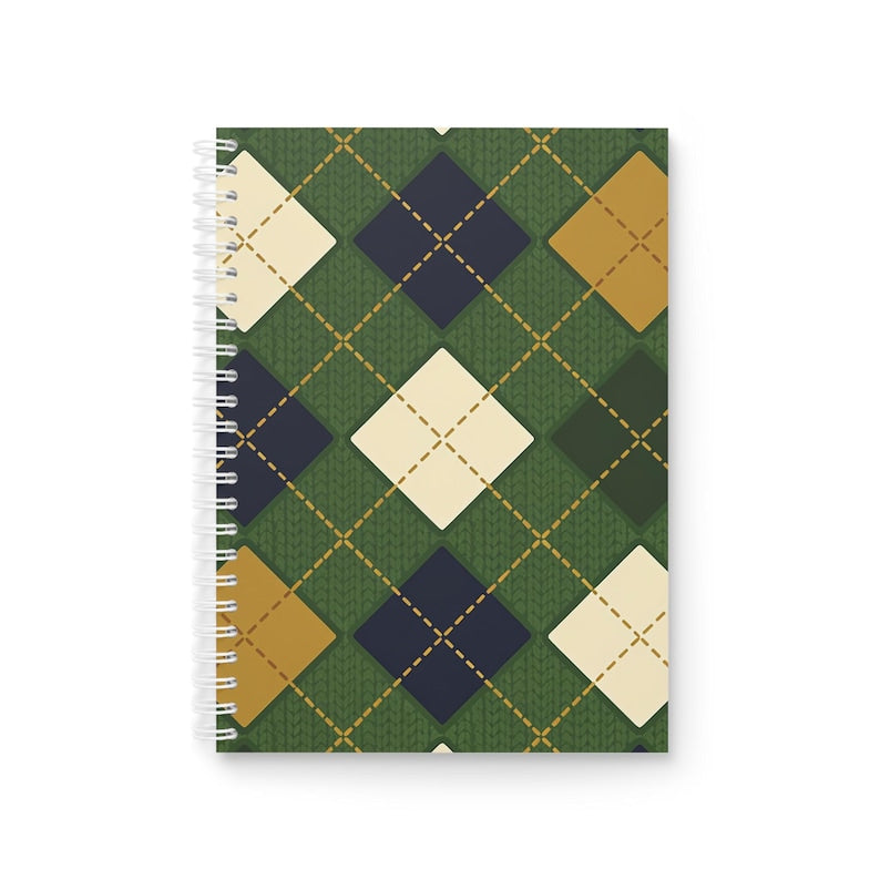 Cahier à spirales en tricot à motifs de losanges, vert forêt crème bleu marine