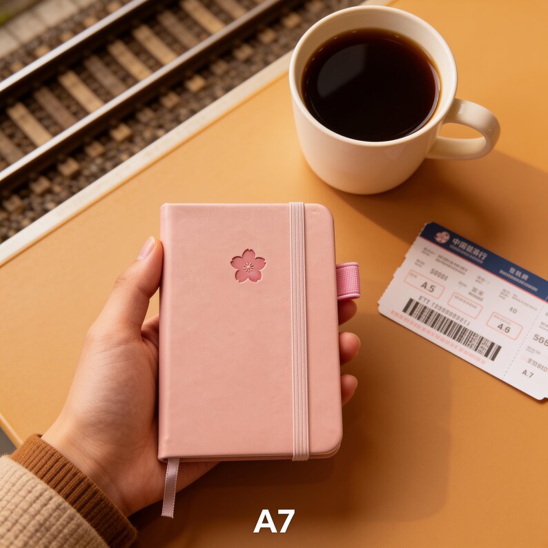 Carnet A7 Couverture Rigide Cuir PU Rose Poudré Menthe avec Élastique