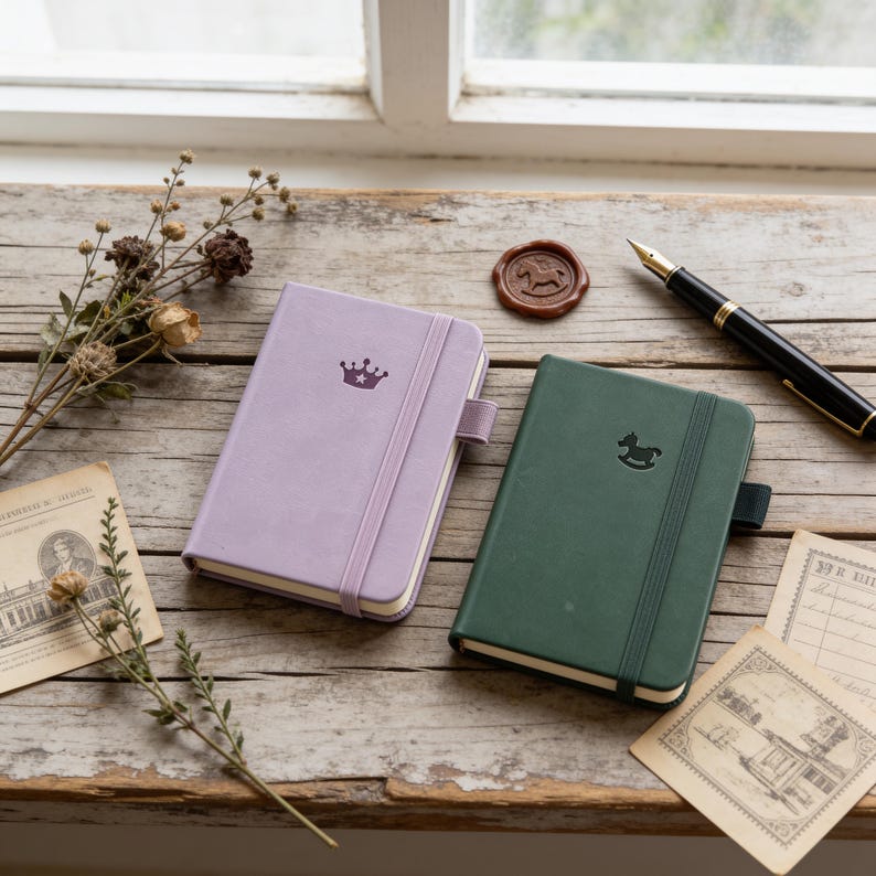Journal de poche A7 en cuir PU, carnet de voyage lilas ou vert forêt avec élastique