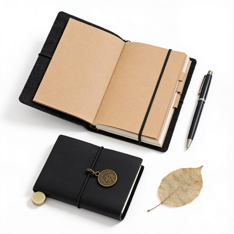Mini carnet de voyage en cuir véritable, carnet de poche rechargeable, carnet de croquis vintage, noir et camel
