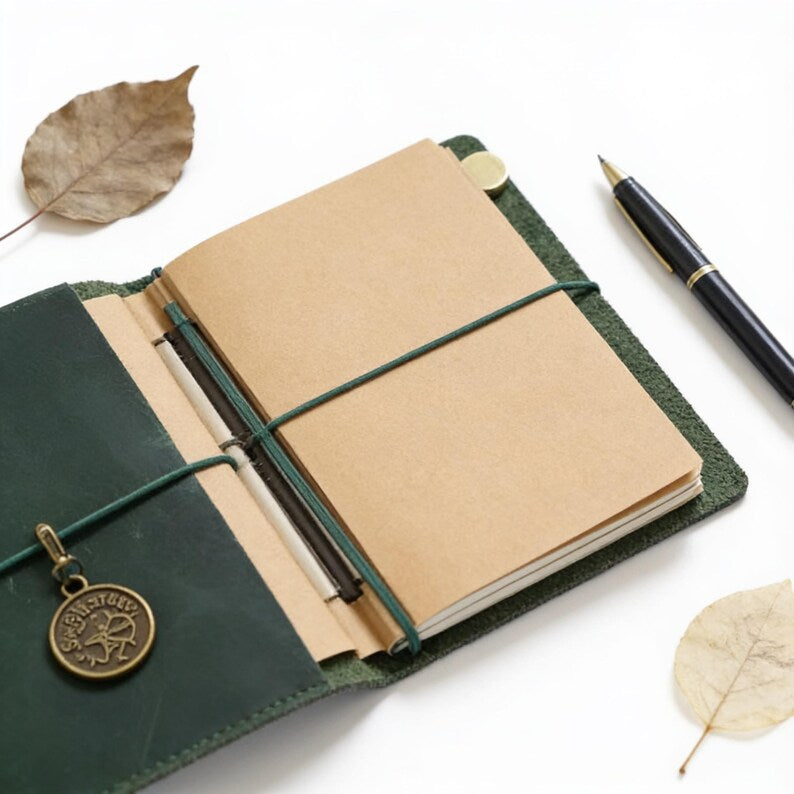 Carnet de voyage en cuir véritable rechargeable format poche, carnet de croquis vintage, vert ou bleu