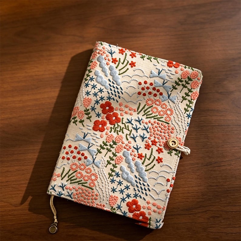 A6 Lin Coton Brodé Carnet Rechargeable, Couverture Tissu Floral, Feuilles Mobiles 90 Feuilles