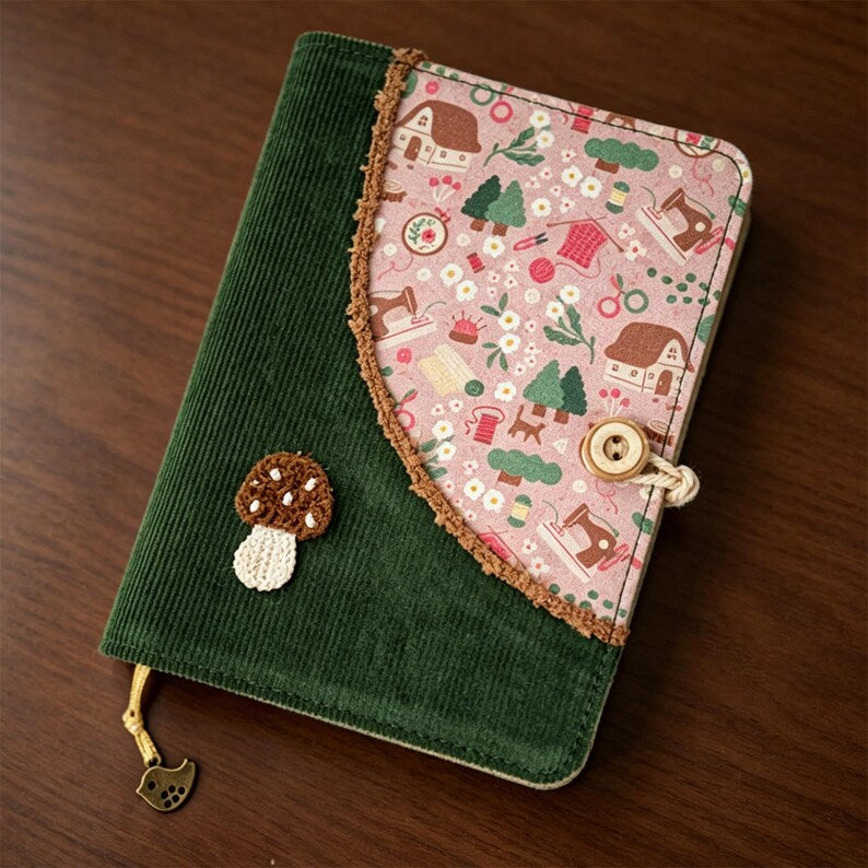 Couverture en velours côtelé A5 A6 classeur journal, carnet de notes champignons illustration ville vintage, agenda à feuilles mobiles, cahier d'écriture