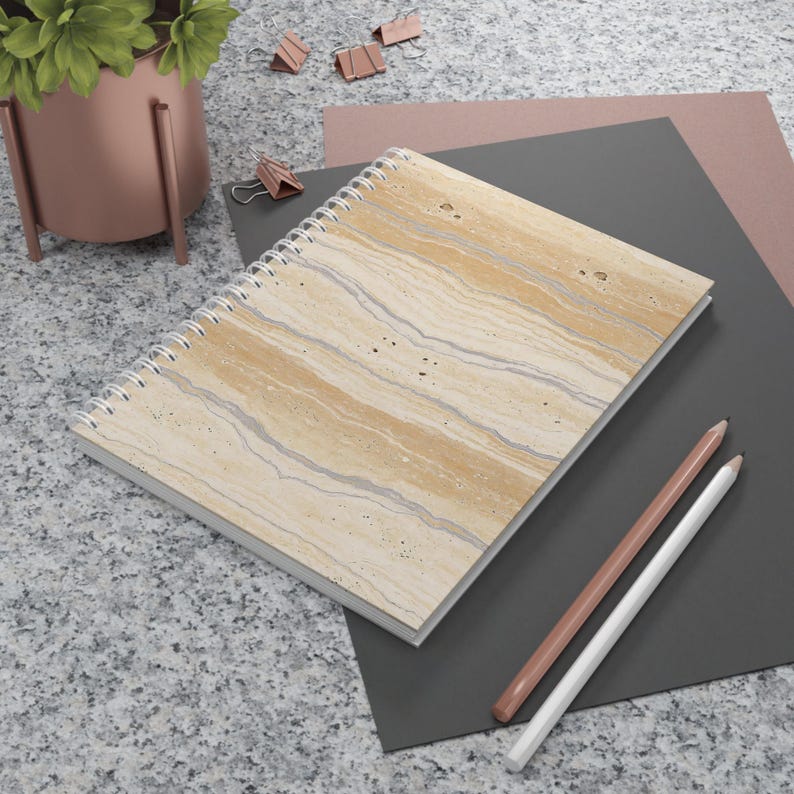 Cahier à spirales en travertin, journal avec lignes minimalistes, accessoire de bureau neutre